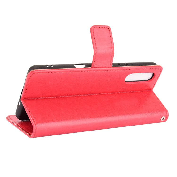 Crazy Horse Skin with Wallet Stand Leather Shell with Strap for Sony Xperia 10 III 5G - Red