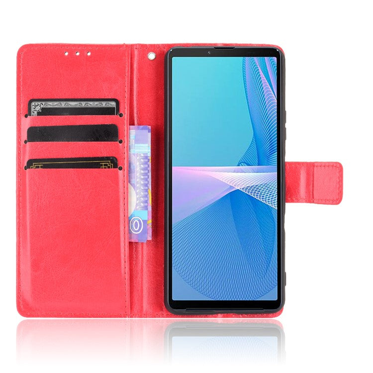 Crazy Horse Skin with Wallet Stand Leather Shell with Strap for Sony Xperia 10 III 5G - Red