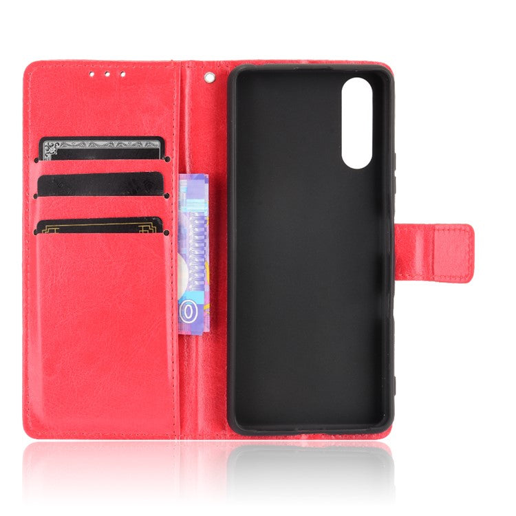 Crazy Horse Skin with Wallet Stand Leather Shell with Strap for Sony Xperia 10 III 5G - Red