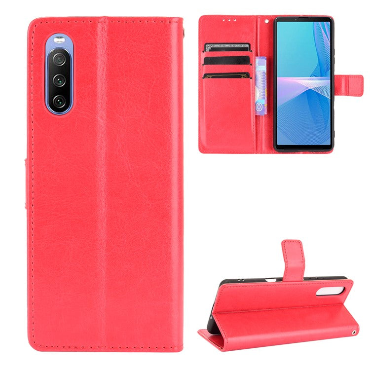 Crazy Horse Skin with Wallet Stand Leather Shell with Strap for Sony Xperia 10 III 5G - Red