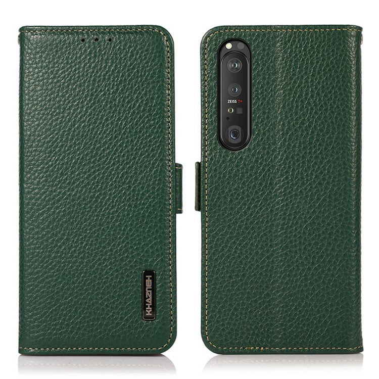 KHAZNEH RFID Blocking Litchi Texture Genuine Leather Phone Case with Anti-theft Swiping Design for Sony Xperia 1 III 5G - Green