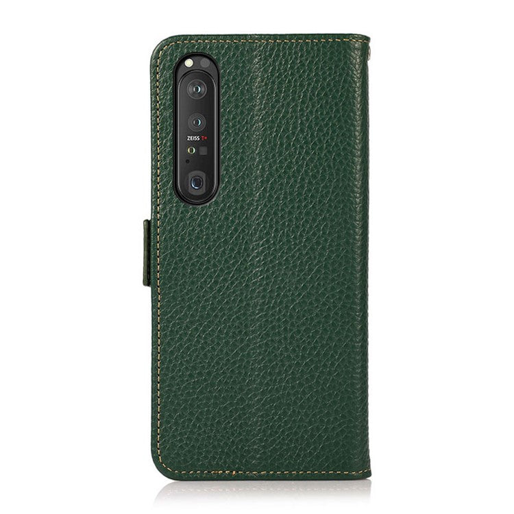 KHAZNEH RFID Blocking Litchi Texture Genuine Leather Phone Case with Anti-theft Swiping Design for Sony Xperia 1 III 5G - Green