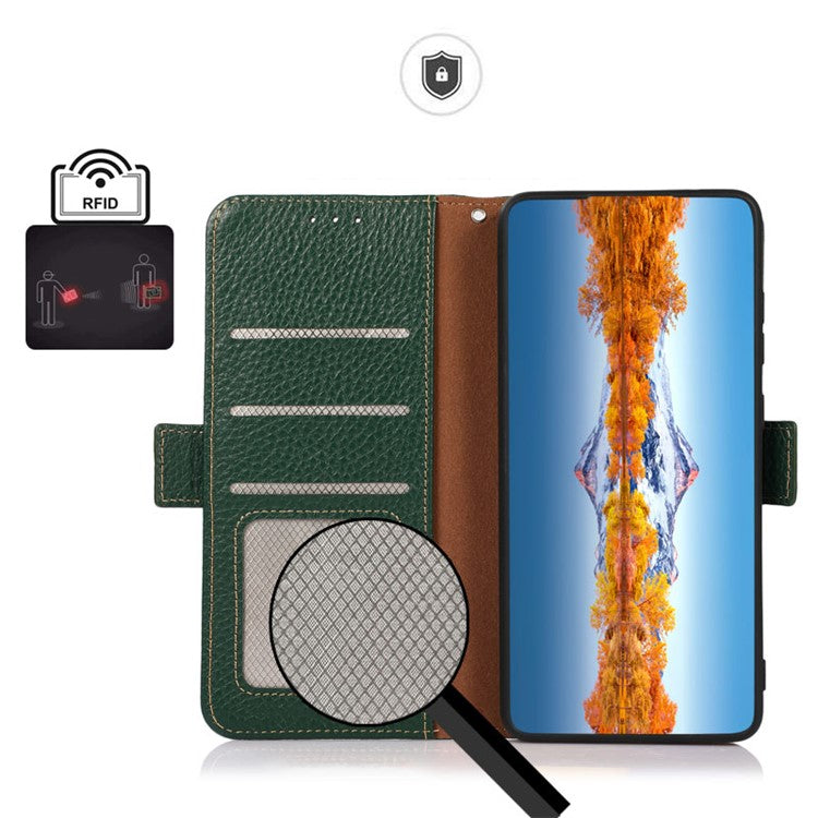 KHAZNEH RFID Blocking Litchi Texture Genuine Leather Phone Case with Anti-theft Swiping Design for Sony Xperia 1 III 5G - Green
