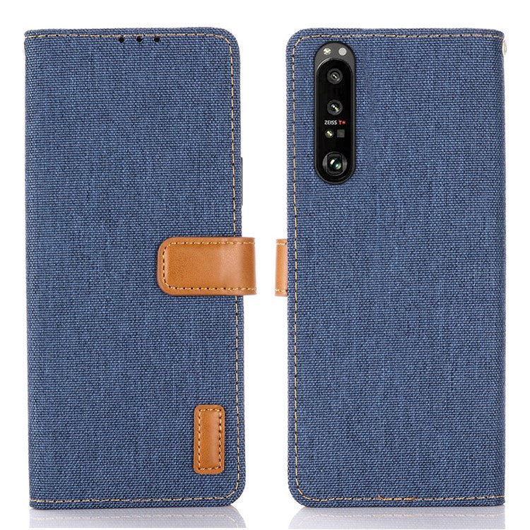 Wallet PU Leather Stand Protector Jeans Cloth Texture Case for Sony Xperia 1 III 5G - Dark Blue