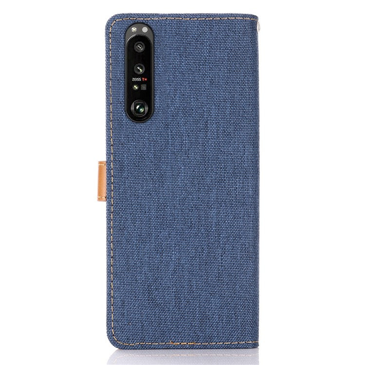 Wallet PU Leather Stand Protector Jeans Cloth Texture Case for Sony Xperia 1 III 5G - Dark Blue