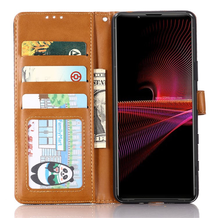 Wallet PU Leather Stand Protector Jeans Cloth Texture Case for Sony Xperia 1 III 5G - Dark Blue