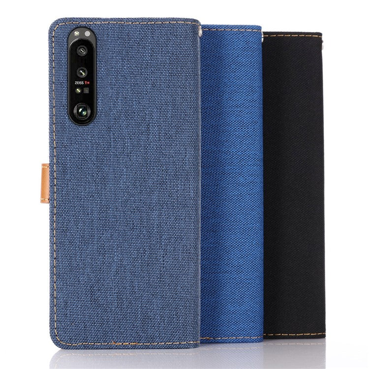 Wallet PU Leather Stand Protector Jeans Cloth Texture Case for Sony Xperia 1 III 5G - Dark Blue