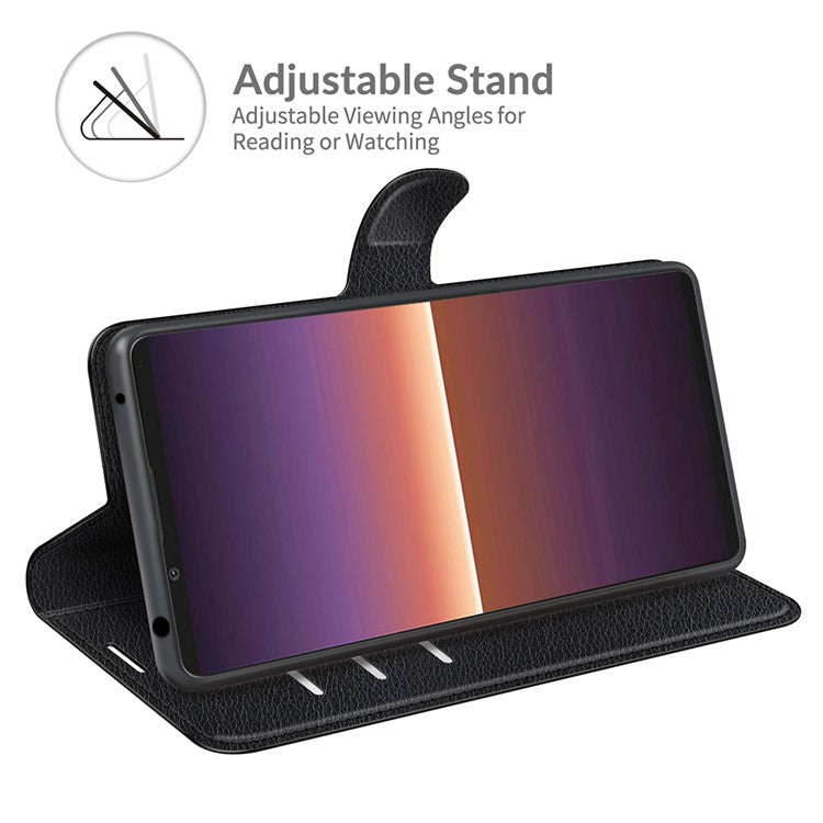 Wallet Design Litchi Texture Leather Phone Case with Stand for Sony Xperia 1 III 5G - Black