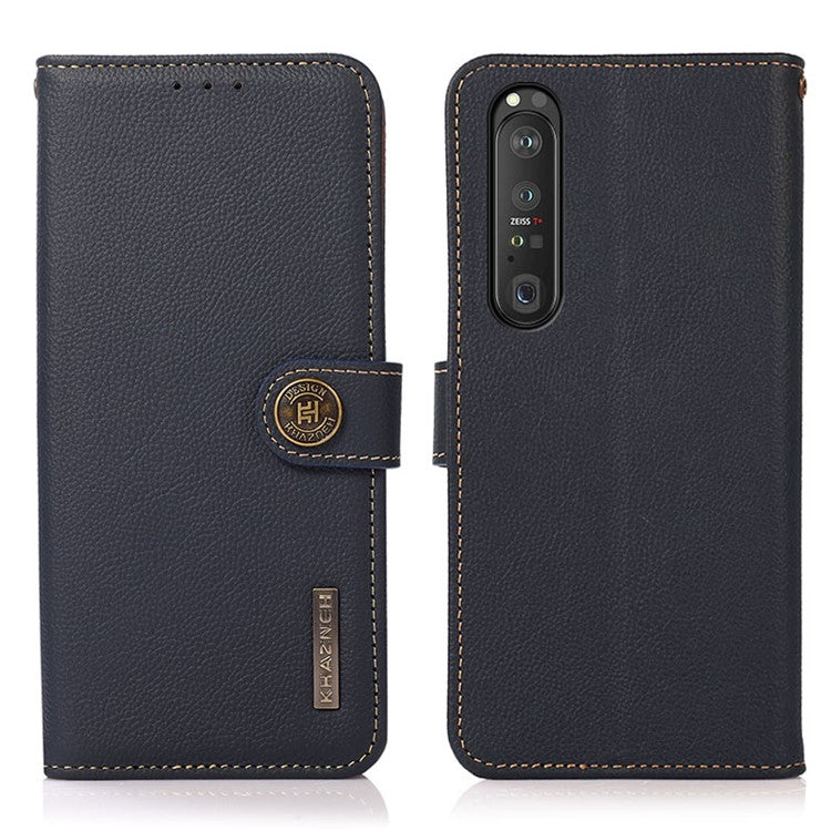 KHAZNEH Textured Genuine Leather Phone Shell Case with RFID Anti-theft Swiping Design for Sony Xperia 1 III 5G - Dark Blue