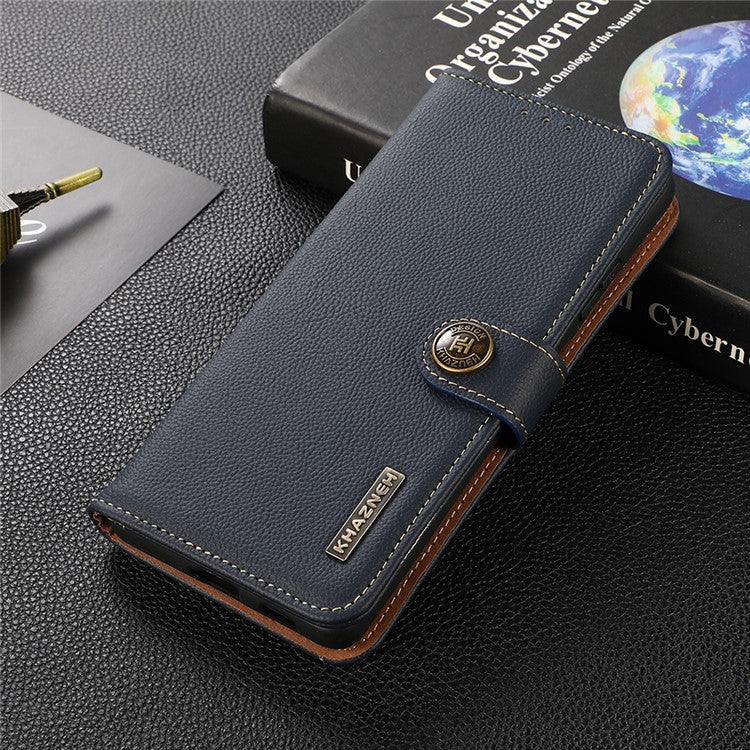KHAZNEH Textured Genuine Leather Phone Shell Case with RFID Anti-theft Swiping Design for Sony Xperia 1 III 5G - Dark Blue