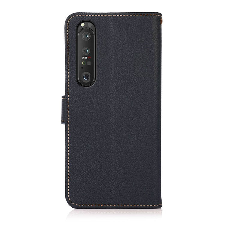 KHAZNEH Textured Genuine Leather Phone Shell Case with RFID Anti-theft Swiping Design for Sony Xperia 1 III 5G - Dark Blue