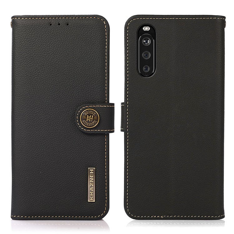 KHAZNEH Textured Genuine Leather Cell Phone Covering Case with RFID Anti-theft Swiping Design for Sony Xperia 10 III 5G / Xperia 10 III Lite - Black