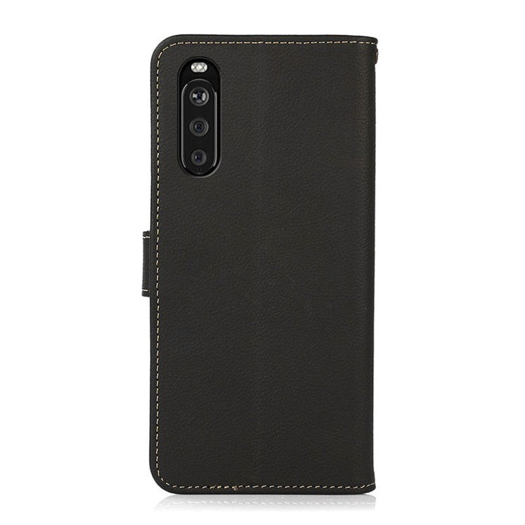 KHAZNEH Textured Genuine Leather Cell Phone Covering Case with RFID Anti-theft Swiping Design for Sony Xperia 10 III 5G / Xperia 10 III Lite - Black