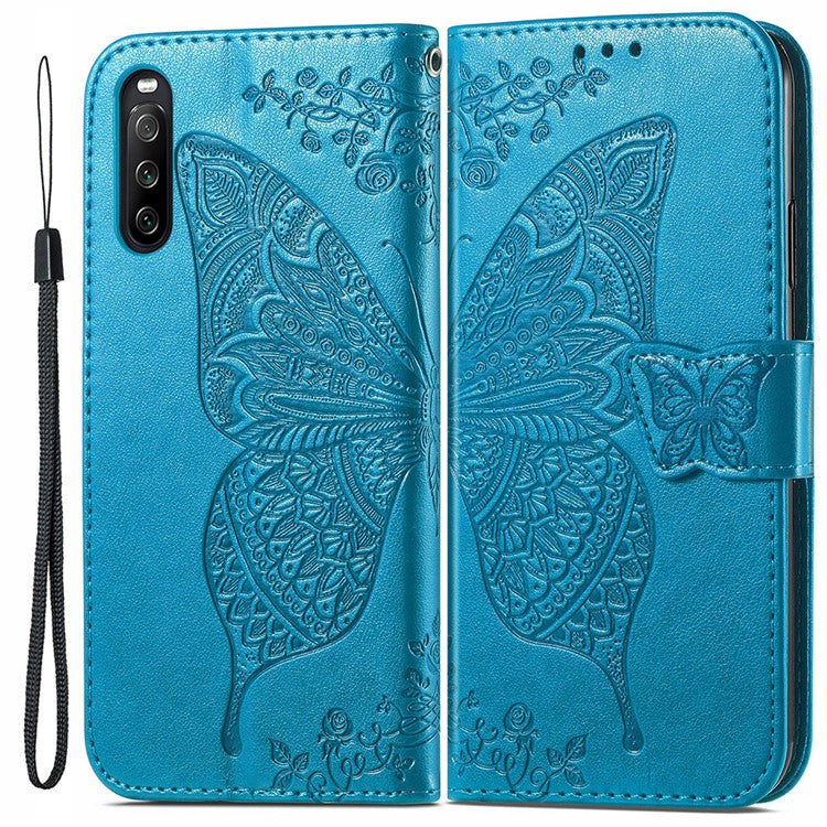 Big Butterfly Imprinted Leather Wallet Phone Shell Case for Sony Xperia 10 III 5G - Blue