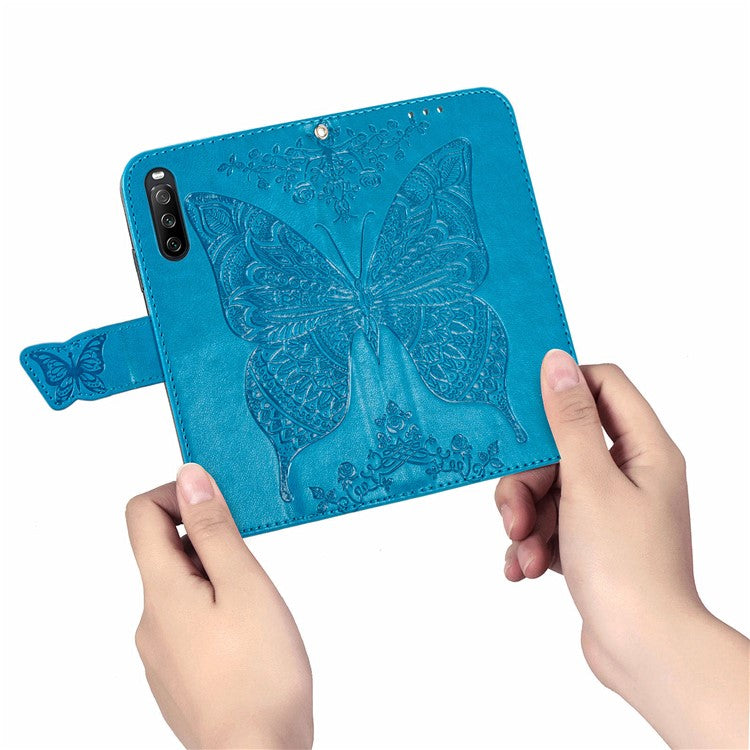 Big Butterfly Imprinted Leather Wallet Phone Shell Case for Sony Xperia 10 III 5G - Blue