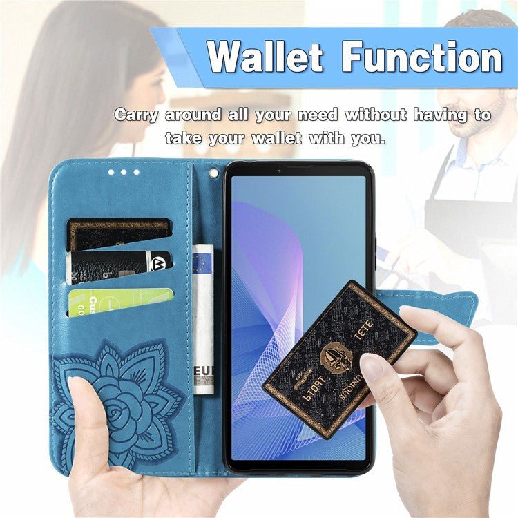 Big Butterfly Imprinted Leather Wallet Phone Shell Case for Sony Xperia 10 III 5G - Blue