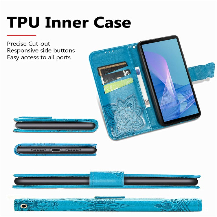 Big Butterfly Imprinted Leather Wallet Phone Shell Case for Sony Xperia 10 III 5G - Blue