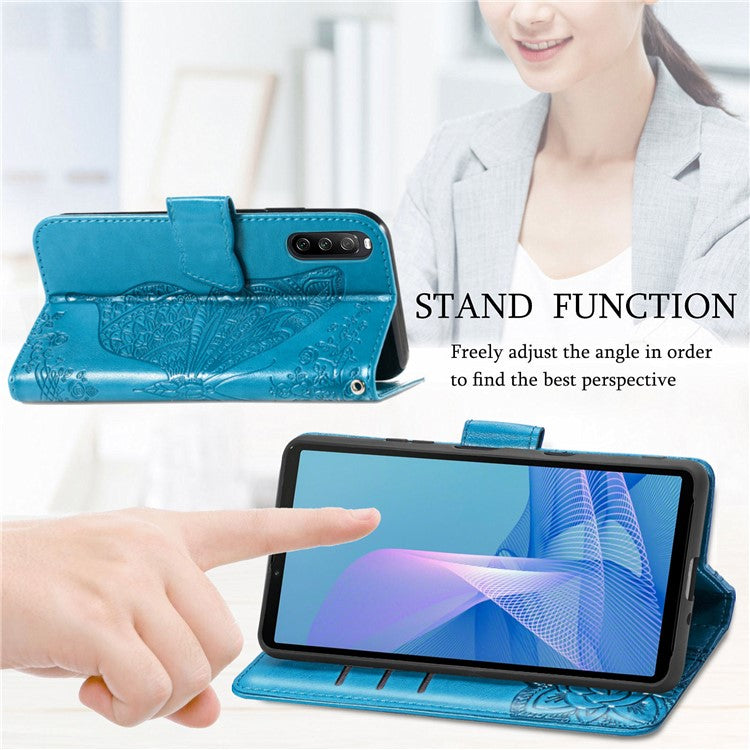 Big Butterfly Imprinted Leather Wallet Phone Shell Case for Sony Xperia 10 III 5G - Blue