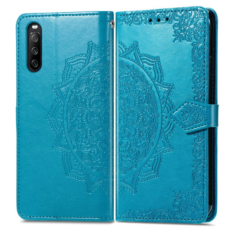 Imprinted Mandala Flower PU Leather Case with Wallet Stand Design for Sony Xperia 10 III 5G - Blue