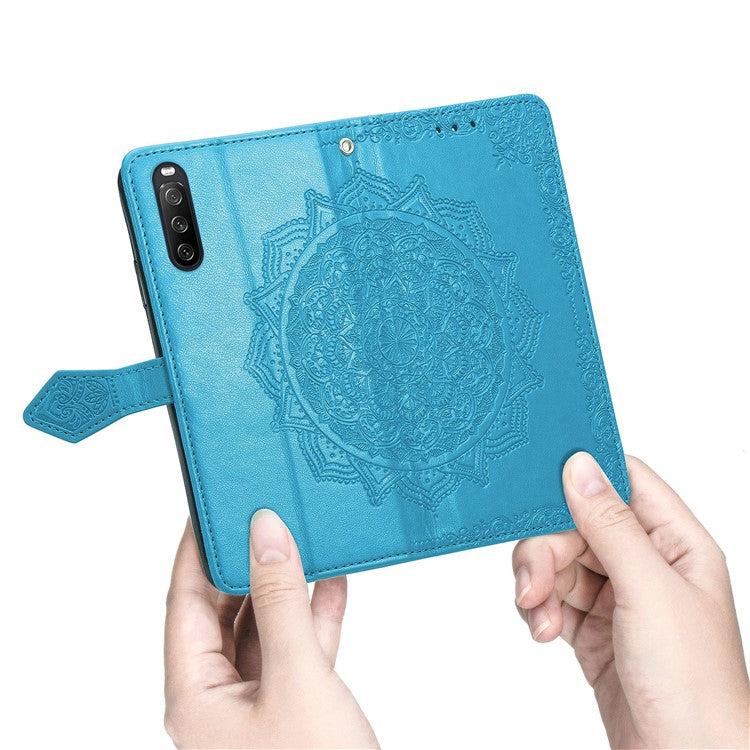 Imprinted Mandala Flower PU Leather Case with Wallet Stand Design for Sony Xperia 10 III 5G - Blue