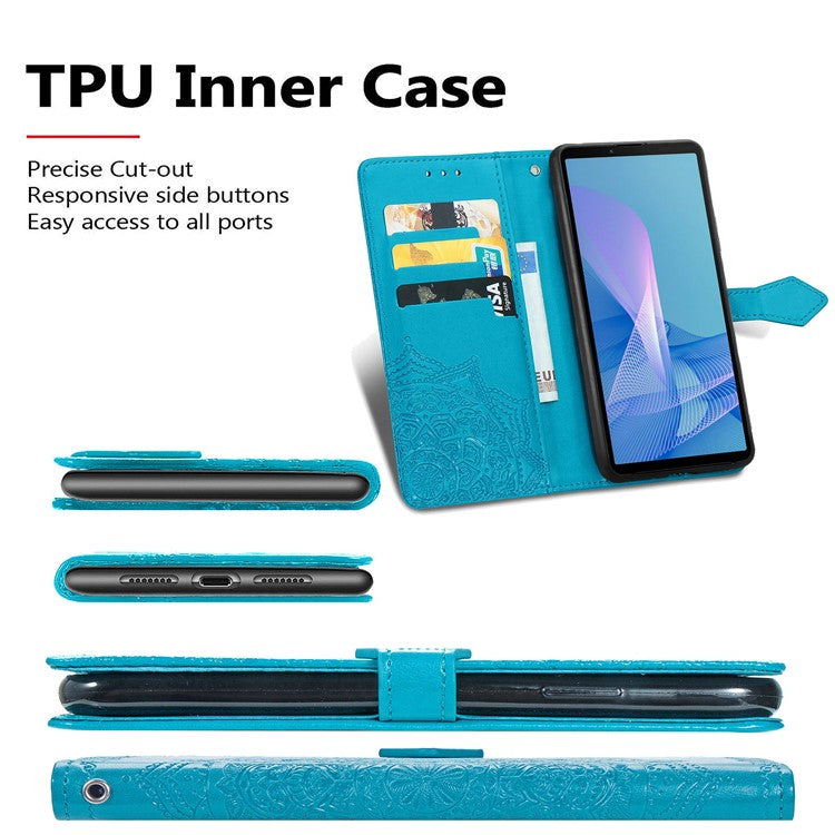 Imprinted Mandala Flower PU Leather Case with Wallet Stand Design for Sony Xperia 10 III 5G - Blue