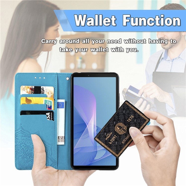 Imprinted Mandala Flower PU Leather Case with Wallet Stand Design for Sony Xperia 10 III 5G - Blue