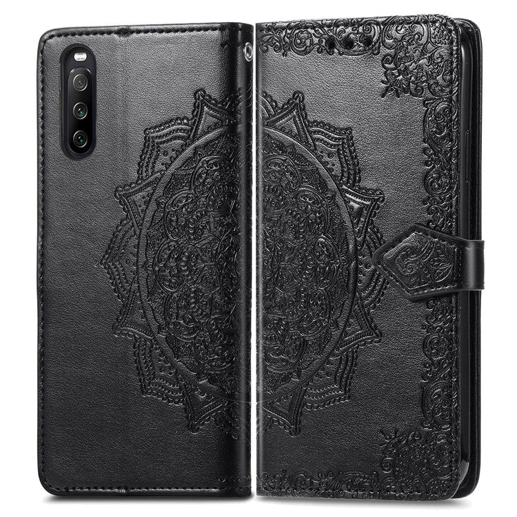 Imprinted Mandala Flower PU Leather Case with Wallet Stand Design for Sony Xperia 10 III 5G - Black
