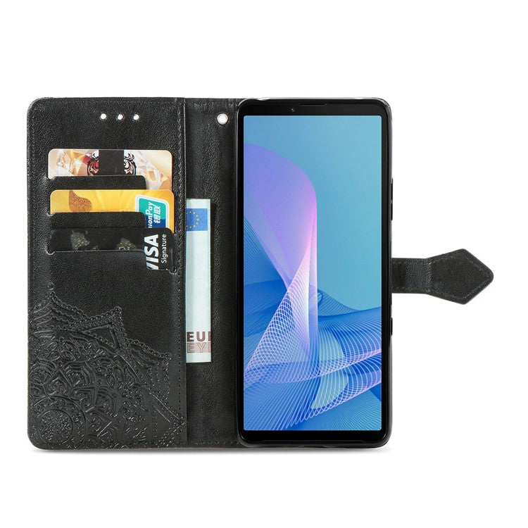 Imprinted Mandala Flower PU Leather Case with Wallet Stand Design for Sony Xperia 10 III 5G - Black