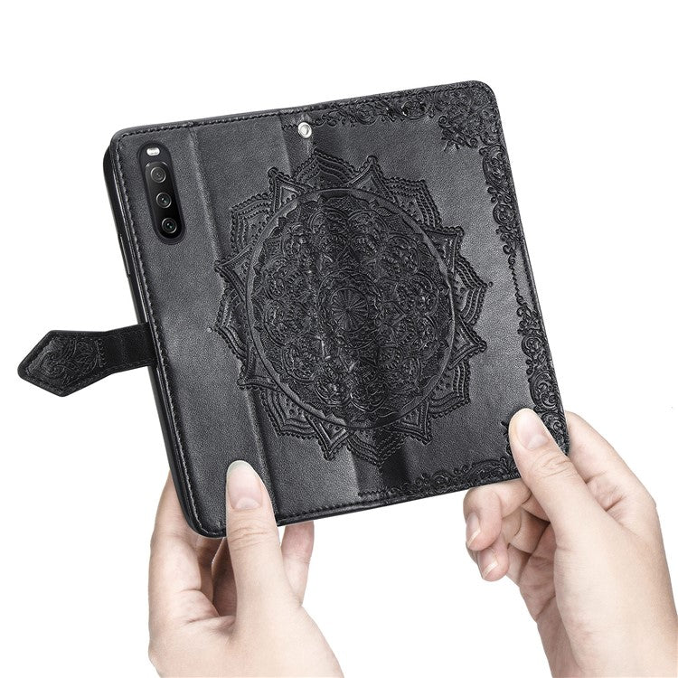Imprinted Mandala Flower PU Leather Case with Wallet Stand Design for Sony Xperia 10 III 5G - Black
