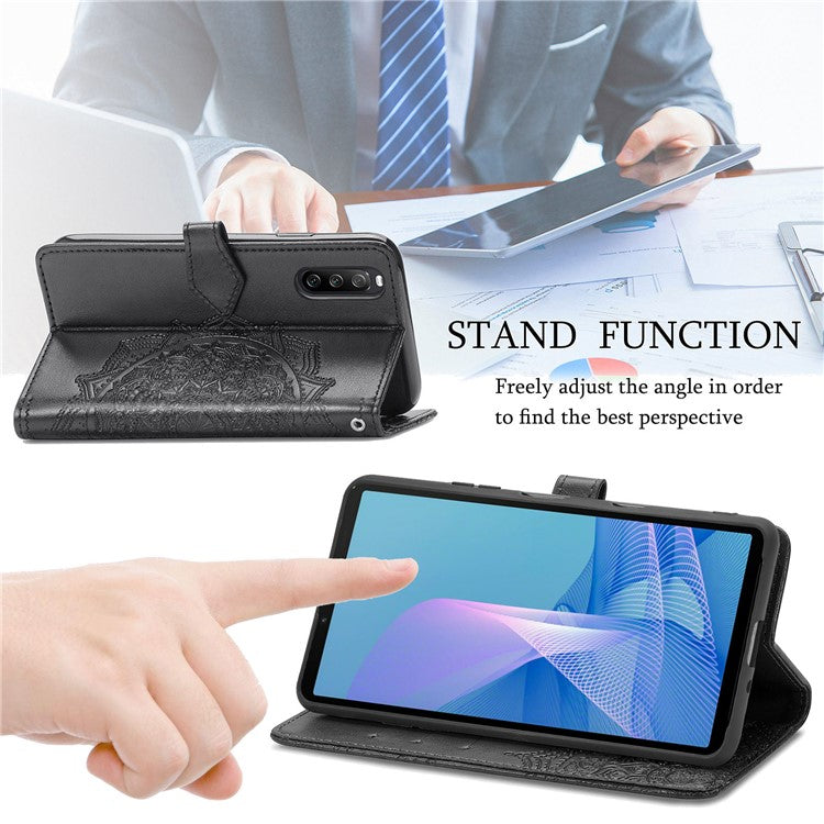 Imprinted Mandala Flower PU Leather Case with Wallet Stand Design for Sony Xperia 10 III 5G - Black
