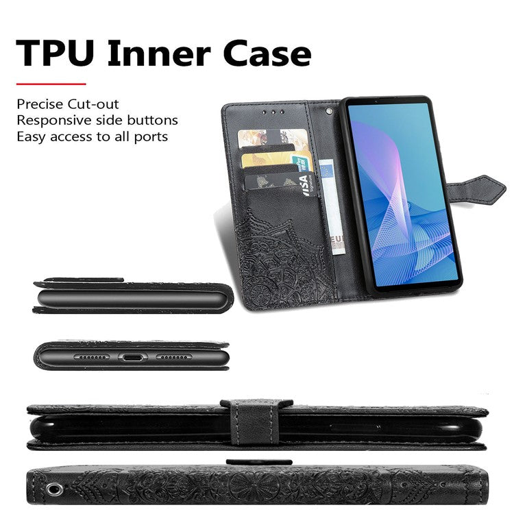 Imprinted Mandala Flower PU Leather Case with Wallet Stand Design for Sony Xperia 10 III 5G - Black