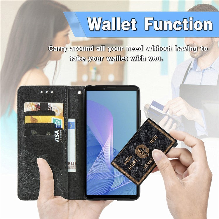 Imprinted Mandala Flower PU Leather Case with Wallet Stand Design for Sony Xperia 10 III 5G - Black