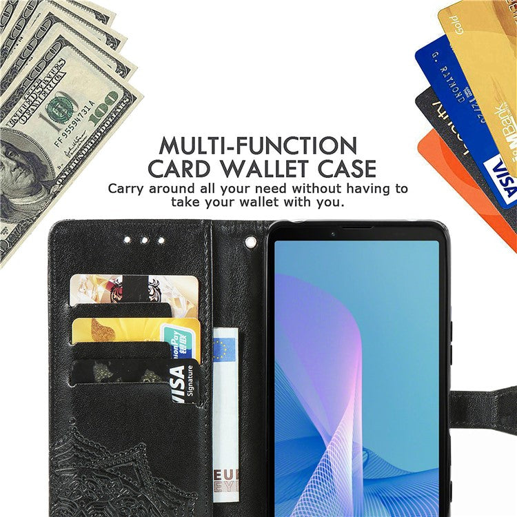 Imprinted Mandala Flower PU Leather Case with Wallet Stand Design for Sony Xperia 10 III 5G - Black