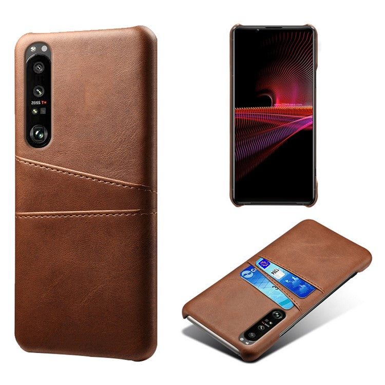 KSQ Well-Protected PU Leather Coated Hard PC Case with Dual-Card Slots Design for Sony Xperia 1 III 5G - Brown