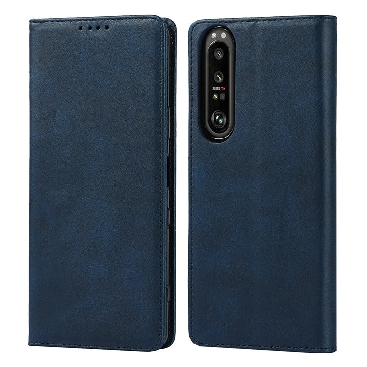 Auto-absorbed Wallet Leather Stand Shell for Sony Xperia 1 III 5G - Dark Blue