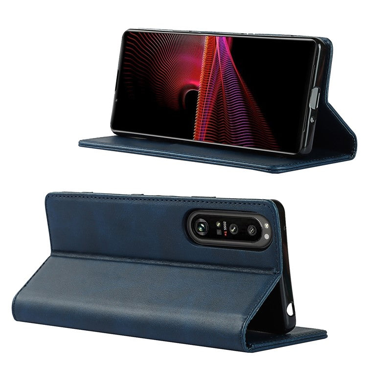Auto-absorbed Wallet Leather Stand Shell for Sony Xperia 1 III 5G - Dark Blue