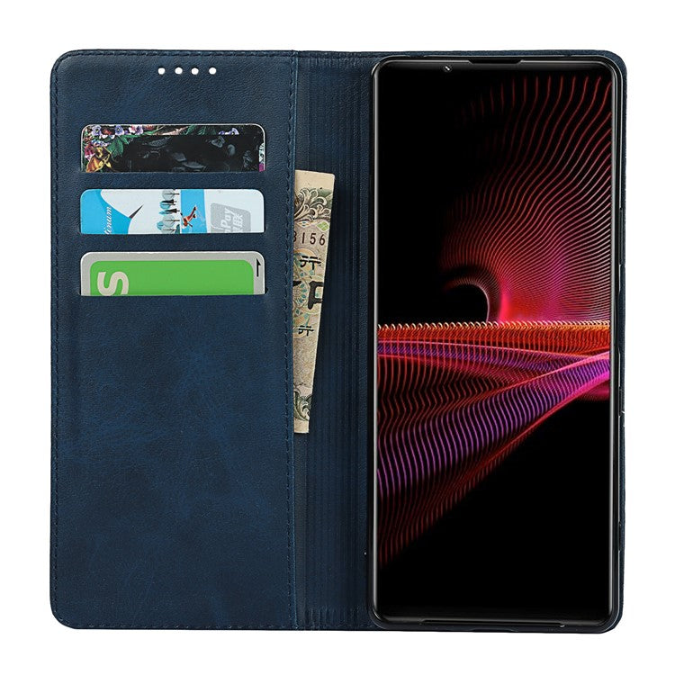 Auto-absorbed Wallet Leather Stand Shell for Sony Xperia 1 III 5G - Dark Blue