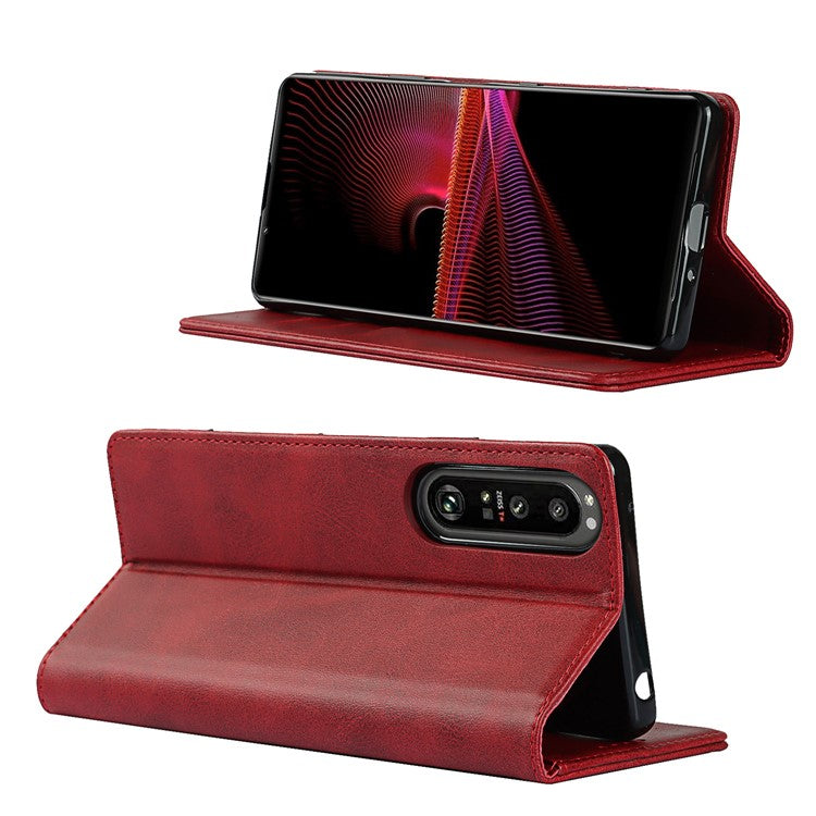 Auto-absorbed Wallet Leather Stand Shell for Sony Xperia 1 III 5G - Red
