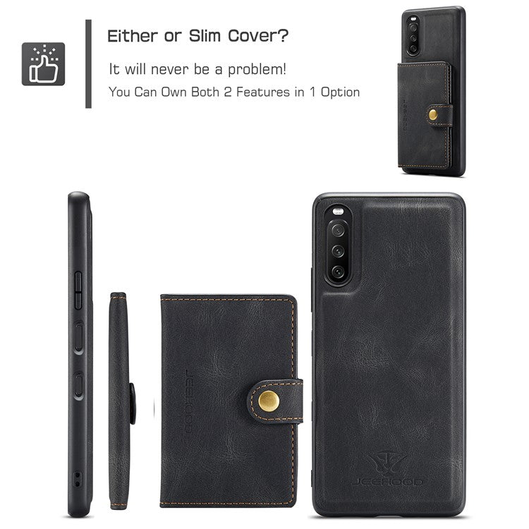 JEEHOOD Detachable 2-in-1 Leather Coated TPU Phone Case with Magnetic Clasp Wallet Design for Sony Xperia 10 III 5G - Black