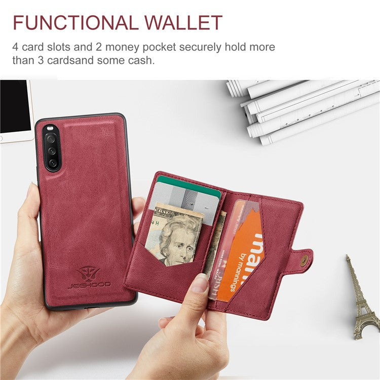 JEEHOOD Detachable 2-in-1 Leather Coated TPU Phone Case with Magnetic Clasp Wallet Design for Sony Xperia 10 III 5G - Red