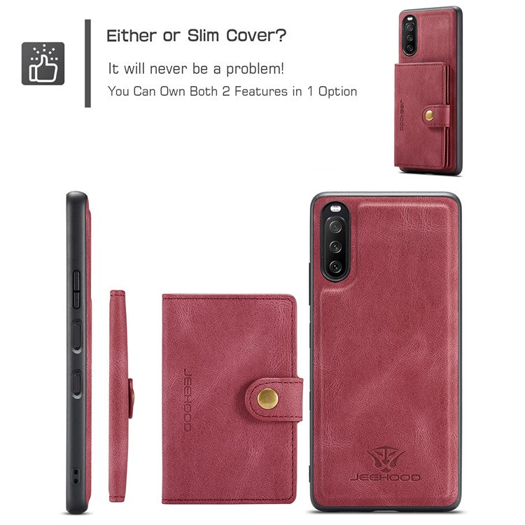 JEEHOOD Detachable 2-in-1 Leather Coated TPU Phone Case with Magnetic Clasp Wallet Design for Sony Xperia 10 III 5G - Red