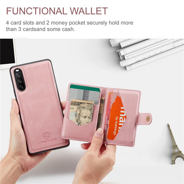 JEEHOOD Detachable 2-in-1 Leather Coated TPU Phone Case with Magnetic Clasp Wallet Design for Sony Xperia 10 III 5G - Rose Gold