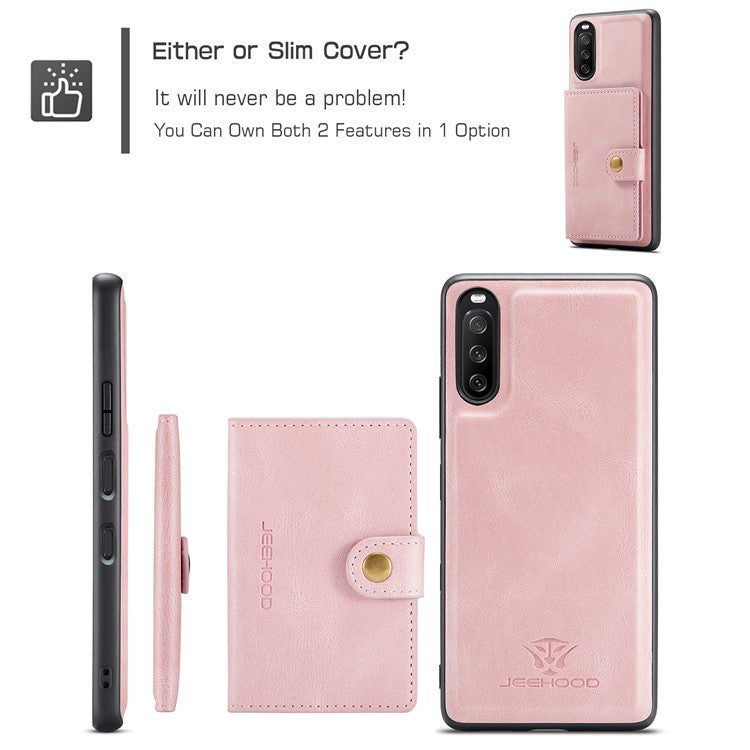 JEEHOOD Detachable 2-in-1 Leather Coated TPU Phone Case with Magnetic Clasp Wallet Design for Sony Xperia 10 III 5G - Rose Gold