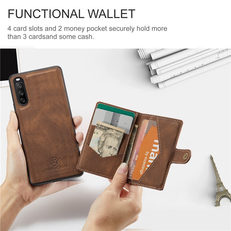 JEEHOOD Detachable 2-in-1 Leather Coated TPU Phone Case with Magnetic Clasp Wallet Design for Sony Xperia 10 III 5G - Brown