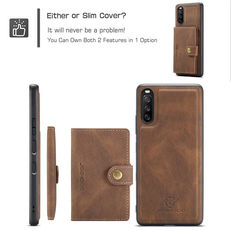 JEEHOOD Detachable 2-in-1 Leather Coated TPU Phone Case with Magnetic Clasp Wallet Design for Sony Xperia 10 III 5G - Brown