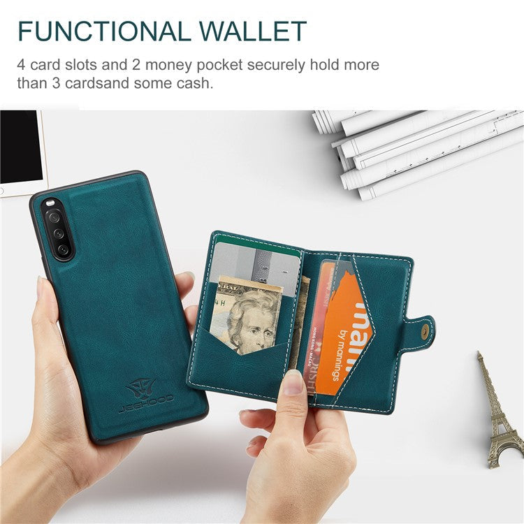 JEEHOOD Detachable 2-in-1 Leather Coated TPU Phone Case with Magnetic Clasp Wallet Design for Sony Xperia 10 III 5G - Green