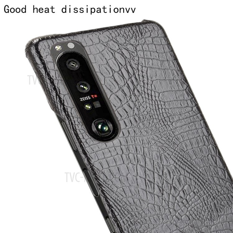 Crocodile Texture Phone Case for Sony Xperia 1 III 5G, Leather Coated Hard PC Phone Cover - Black