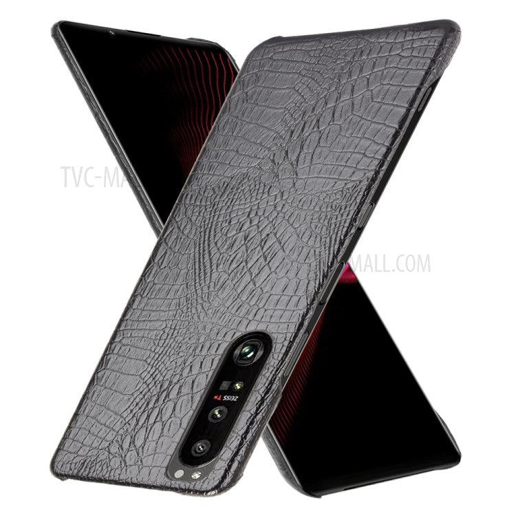 Crocodile Texture Phone Case for Sony Xperia 1 III 5G, Leather Coated Hard PC Phone Cover - Black