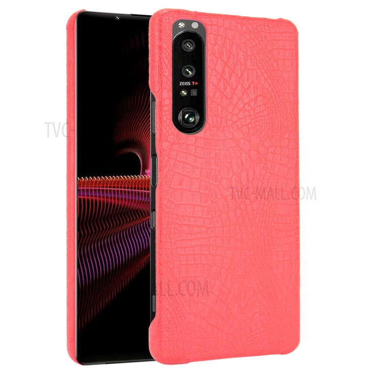 Crocodile Texture Phone Case for Sony Xperia 1 III 5G, Leather Coated Hard PC Phone Cover - Red