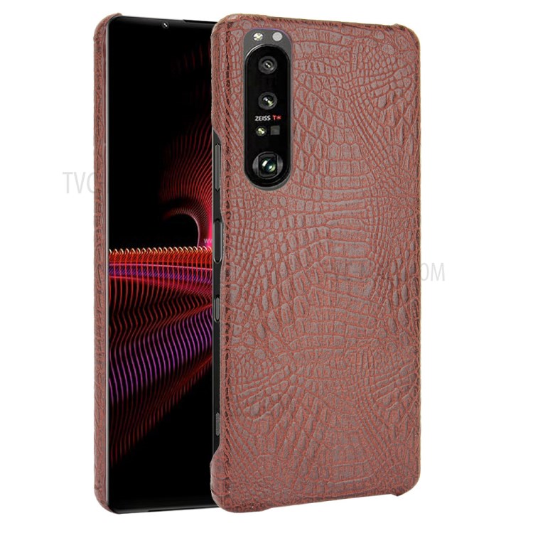 Crocodile Texture Phone Case for Sony Xperia 1 III 5G, Leather Coated Hard PC Phone Cover - Brown